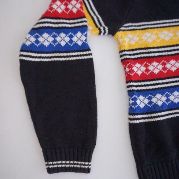 IZOD Black Cotton Multi Stripe Fair Isle Knit V Neck Sweater Winter Casual L - Picture 7 of 8